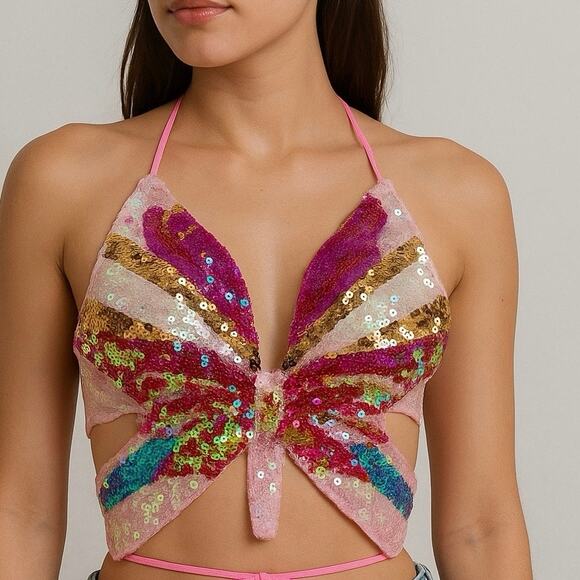 Unbranded Tops - Y2K Sequin Butterfly Halter Top Pink Iridescent Festival Tie Back Size S/M